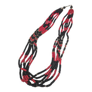 Southwestern Boho Red Black Color Block Seed Bead Multi Strand Long Necklace Vtg